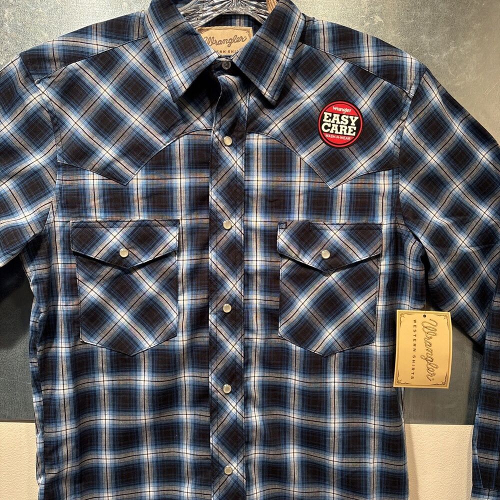 Wrangler Western Pearl Snap Cowboy Long Sleeve Blue/Gray/Black Plaid Shirt S NEW - Picture 11 of 16